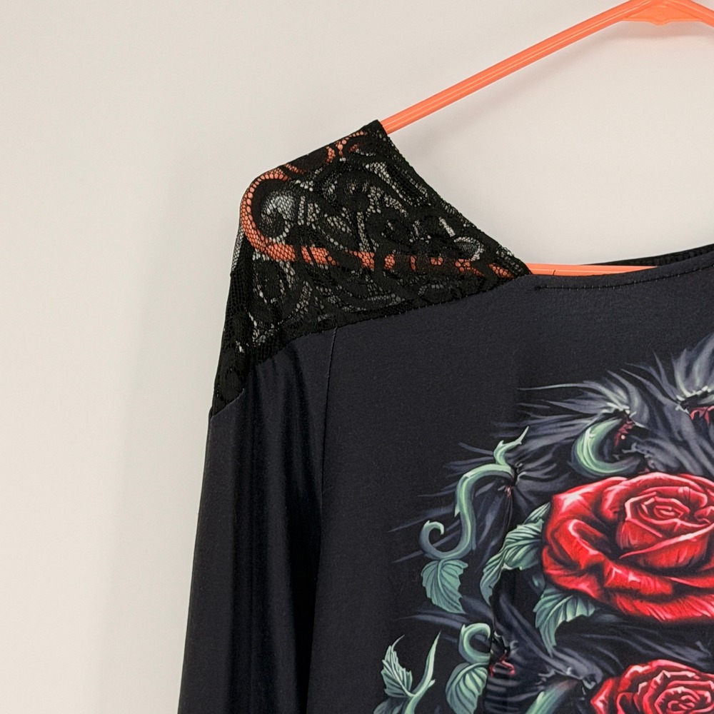 Graphic Top Women Medium Black Lace Dragon Rose Gothic Grunge Emo Whimsigoth Y2K - Picture 3 of 6